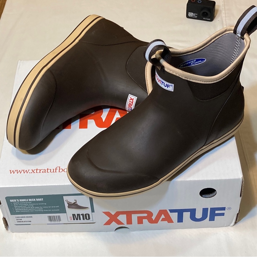 Xtratuf Mens Size 10. Men’s Full Rubber Ankle Deck Boots, Chocolate & Tan.